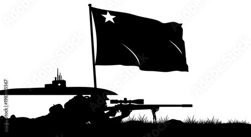 Silhouette of Sniper Aiming Rifle Under Chinese Flag with Submarine in Background