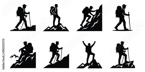 Hiking silhouette vector set, mountain climber icons with backpacks and trekking poles, 8 outdoor adventure people climbing peaks and trails