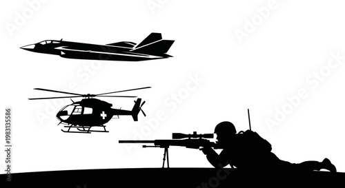 Silhouette of Sniper Aiming Rifle with Fighter Jet and Helicopter Flying