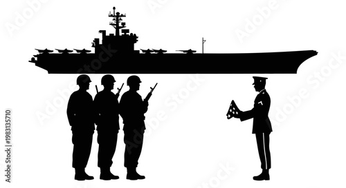 Military Honor Guard Presents Flag Under Aircraft Carrier Silhouette
