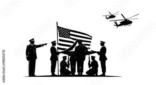 Military Honor Guard Ceremony with Helicopters Flying Overhead