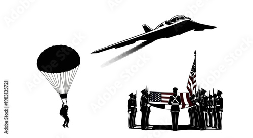 Military Honor Ceremony: Casket with American Flag, Parachutist, and Jet Fighter