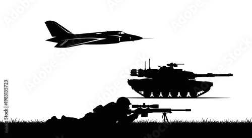 Silhouette of Soldier, Tank, and Jet Fighter in Combat Formation
