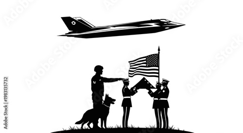 Military Honor Guard Folds Flag Beneath Jet, K9 Unit Officer Present