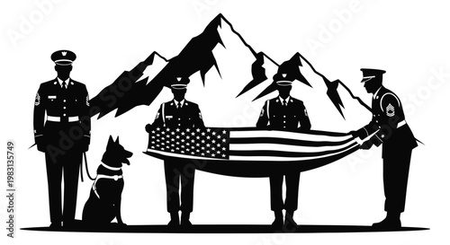 Military Honor Guard with US Flag and K9 Unit in Front of Mountains
