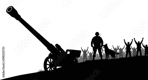 Silhouette of Soldiers and Artillery on Hilltop with Crowd Celebrating Victory
