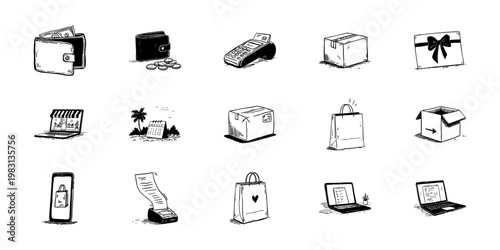 E-Commerce And Shopping Doodle Sketch Set. Online Retail, Payment, And Delivery Icons In Hand Drawn Style Collection. Wallet, Pos, Packages, And Digital Shopping Elements. Isolated Vector Illustration