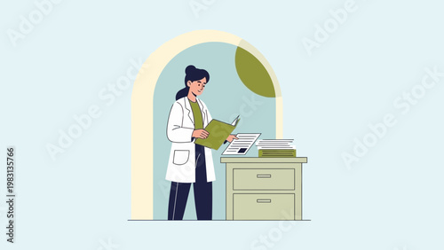 Doctor Reading Medical Book Near Filing Cabinet in Clinic