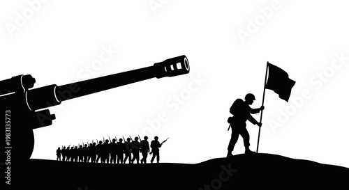 Silhouette of soldiers marching with a large cannon and a flag bearer on a hill