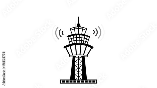 Minimalist animation of an air traffic control tower with signal waves