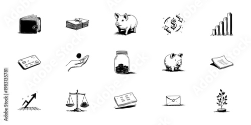 Financial And Economic Symbols Doodle Sketch Set. Money Management, Investment, And Savings Concepts In Hand Drawn Style Collection. Isolated Vector Illustration