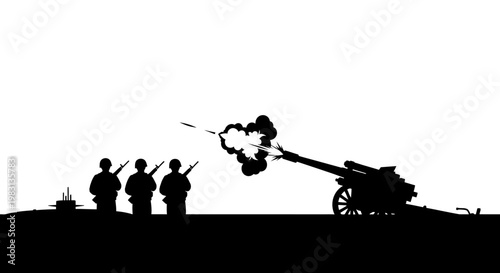 Silhouette of soldiers firing artillery cannon in combat, war scene, military action, historical battle