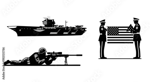 Military Icons: Aircraft Carrier, Sniper, and Flag Folding Ceremony