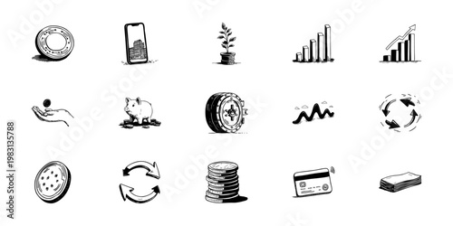 Financial Growth And Investment Doodle Sketch Set. Economic Progress, Savings, And Digital Transactions In Hand Drawn Style Collection. Business And Finance. Isolated Vector Illustration