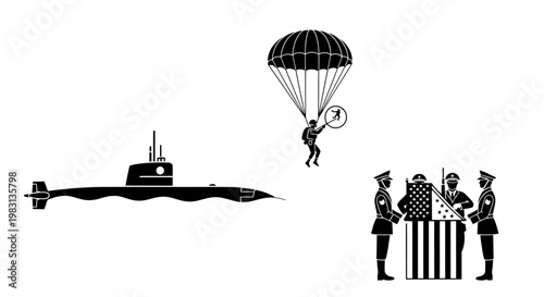 Military icons: submarine, skydiver, and flag-draped coffin with honor guard