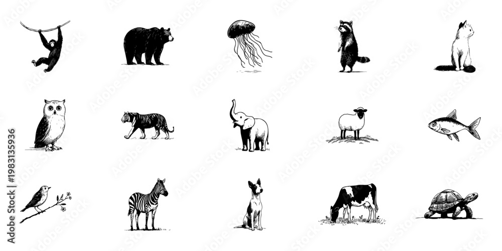Fototapeta premium Animal Doodle Sketch Set. Diverse Wildlife And Domestic Creatures In Hand Drawn Style Collection. Isolated Vector Illustration