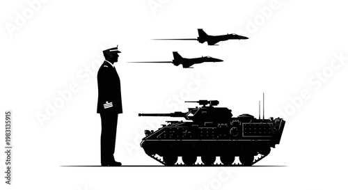 Military Officer, Tank, and Fighter Jets Silhouette - Power and Defense Concept