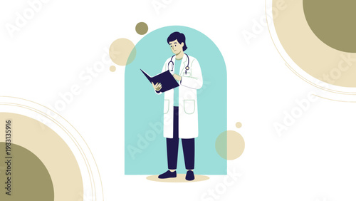 Doctor Reading Medical Document in Modern Office
