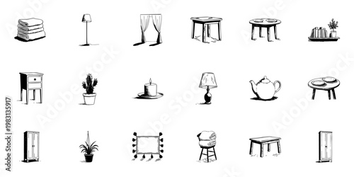 Home Decor And Furniture Doodle Sketch Set. Interior Design Elements Including Furniture, Lighting, And Accessories In Hand Drawn Style. Cozy And Stylish Home Essentials. Isolated Vector Illustration
