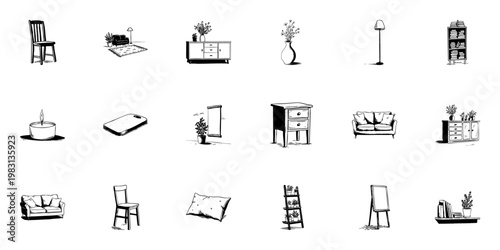 Home Furniture And Decor Doodle Sketch Set. Interior Design Elements Chairs, Sofas, Tables, Decorative Items In Hand Drawn Style Collection. Cozy Living Space Essential. Isolated Vector Illustration