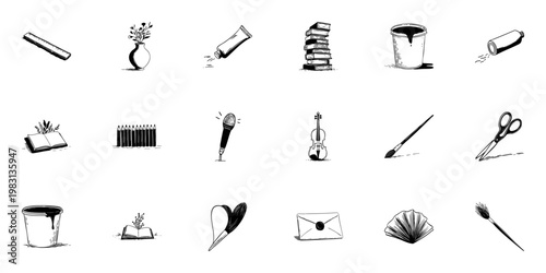 Artistic Tools And Creative Elements Doodle Sketch Set. Education, Creativity, And Artistic Expression In Hand Drawn Style Collection. Isolated Vector Illustration