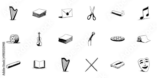 Musical Instruments, Art Supplies, And Creative Tools Doodle Sketch Set. Artistic Expression And Creativity In Hand Drawn Style Collection. Isolated Vector Illustration