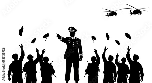 Military Parade Celebration: Soldiers Cheer, Commander Points, Helicopters Fly Overhead