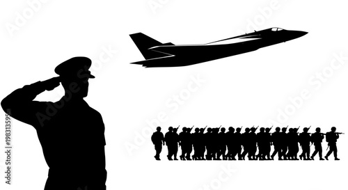 Military Parade: Soldier Saluting Jet Fighter and Troops Marching in Formation