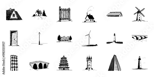Various Architectural Structures Doodle Sketch Set. Diverse Building Styles And Landmarks In Hand Drawn Style Collection. Includes Houses, Windmill, Lighthouse, And More. Isolated Vector Illustration