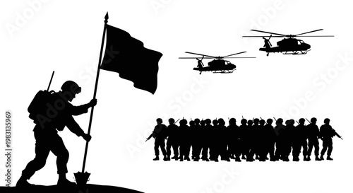 Silhouette Soldier Planting Flag with Helicopters and Troops Advancing