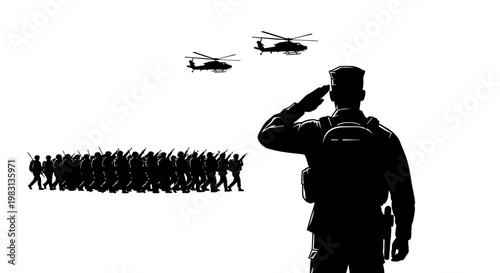 Military Parade: Soldier Saluting, Troops Marching, Helicopters Flying