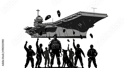 Military personnel and dog celebrate near aircraft carrier with falling debris