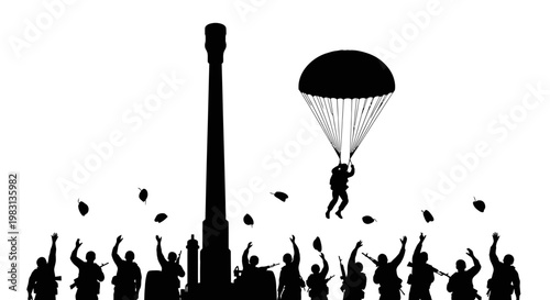 Military Paratrooper Landing Near Monument with Waving Soldiers and Falling Leaves
