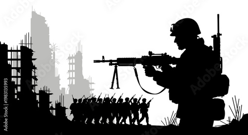 Silhouette Soldiers Marching Through War-Torn Cityscape, Military Conflict Concept