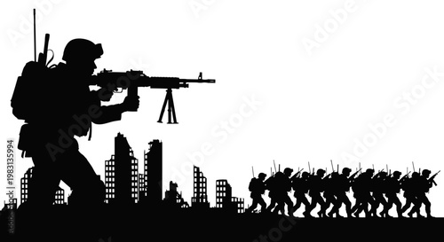 Silhouette soldiers advancing through ruined city, war concept