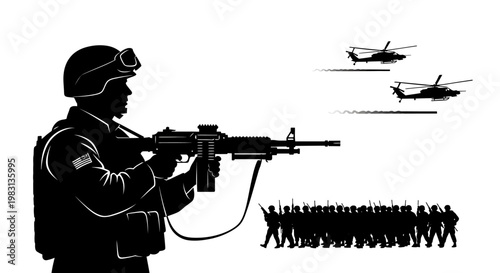 Silhouette Soldier with Machine Gun, Helicopters and Army Marching