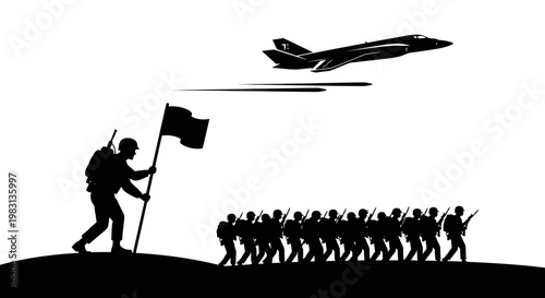 Military parade with fighter jet flying overhead, soldiers marching with flag, symbolizing victory and power.
