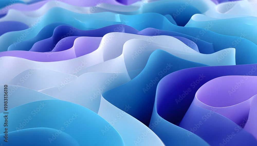 Obraz premium Abstract waves of flowing fabric in soft pastel shades of blue and purple creating organic flowing smooth geometric shapes with light shadows and subtle gradient transitions for elegant backgrounds