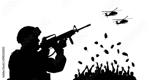 Soldier Aiming Rifle at Crowd with Helicopters Overhead