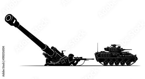 Soldier Aiming Artillery Gun Next to Armored Vehicle Silhouette