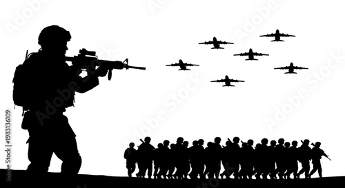 Soldier aiming rifle with military aircraft flying over troops and civilians