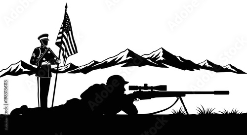 Sniper Soldier Silhouette with American Flag and Mountains