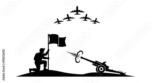 Soldier Planting Flag, Artillery Firing, Jets Flying in Formation - Military Victory Concept