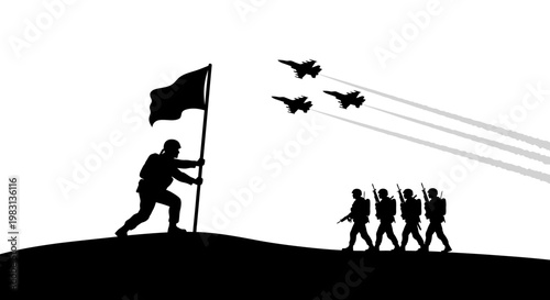 Soldier Raising Flag on Hilltop with Fighter Jets Flying Overhead