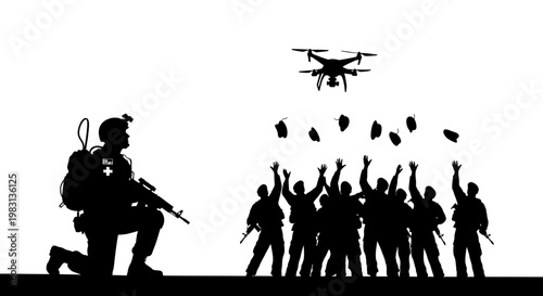Soldier and Drone Dropping Bombs on Group of People