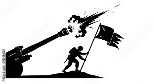Soldier Raising Flag Under Artillery Fire, War Victory Concept