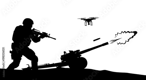 Soldier firing cannon with drone overhead, modern warfare concept