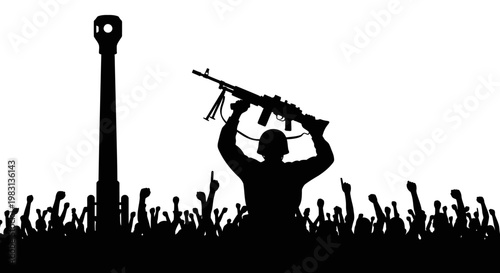 Soldier Holding Rifle Above Crowd Silhouette, Military Victory, Protest, Revolution, Power