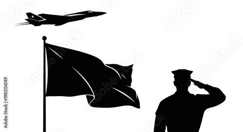 Soldier Saluting Flag and Jet Fighter Flying Overhead - Military Tribute