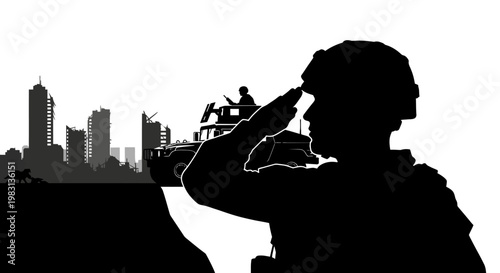 Soldier Saluting in Silhouette Against Cityscape and Military Vehicle